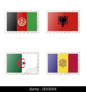 Postage stamp with the image of Afghanistan, Albania, Algeria, Andorra flag. Afghanistan, Albania, Algeria, Andorra Flag Postage on white background w Stock Vector