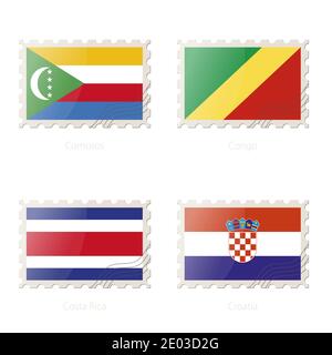 Postage stamp with the image of Comoros, Congo, Costa Rica, Croatia flag. Costa Rica, Croatia, Comoros, Congo Flag Postage on white background with sh Stock Vector