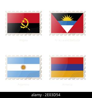 Postage stamp with the image of Angola, Antigua and Barbuda, Argentina, Armenia flag. Angola, Antigua and Barbuda, Argentina, Armenia Flag Postage on Stock Vector