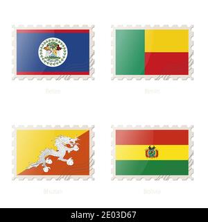 Postage stamp with the image of Belize, Benin, Bhutan, Bolivia flag. Bhutan, Bolivia, Belize, Benin Flag Postage on white background with shadow. Vect Stock Vector