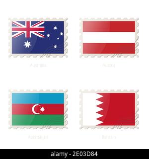 Postage stamp with the image of Australia, Austria, Azerbaijan, Bahrain flag. Australia, Austria, Azerbaijan, Bahrain Flag Postage on white background Stock Vector