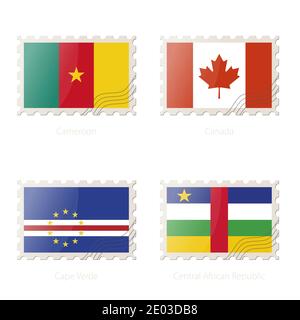 Postage stamp with the image of Cameroon, Canada, Cape Verde, Central African Republic flag. Cameroon, Canada, Cape Verde, Central African Republic Fl Stock Vector