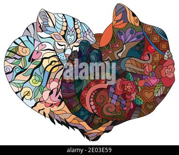 Cute two cats sleeping in shape of heart. For t-shirt design, adult coloring book, coloring page and print on other things Stock Vector