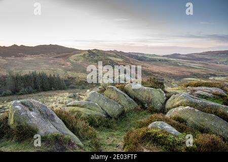 Gib Torr looking towards the Roaches, Ramshaw Rocks, and Hen Cloud during winter in the Peak District National Park. Stock Photo