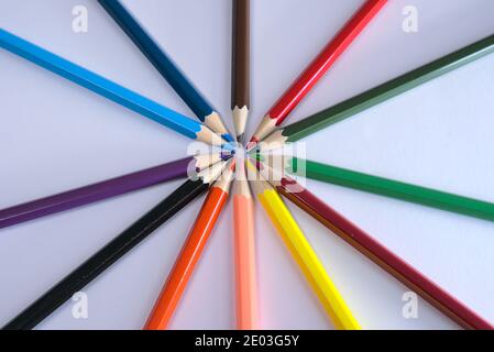 Many different colored pencils arranged in circle, creative design, top view, flat lay Stock Photo