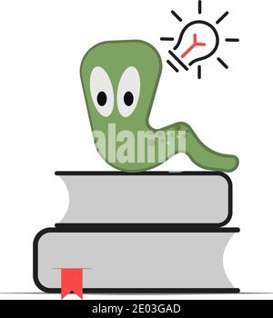 A bookworm on a pile of books. Creative idea concept. Flat style illustration. Stock Vector