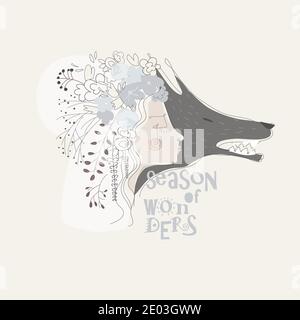 Cute girl with gray wolf. Cartoon illustration Stock Vector