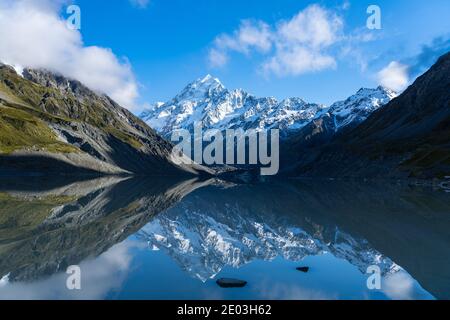 Majestic Mount Cook reflected in the calm Hooker Lake, New Zealand Stock Photo