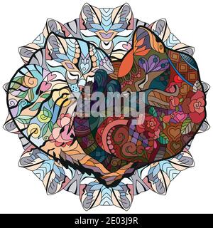 Cute two cats sleeping in shape of heart. For t-shirt design, adult coloring book, coloring page and print on other things Stock Vector