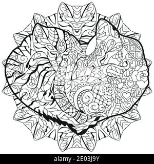 Cute two cats sleeping in shape of heart. For t-shirt design, adult coloring book, coloring page and print on other things Stock Vector