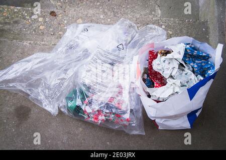 The sorted waste, used Christmas gift wrapping, bag, bag, paper, plastic, in Pruhonice, Czech Republic, December 25, 2020. (CTK Photo/Libor Sojka) Stock Photo