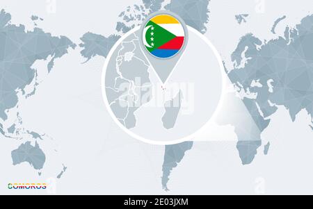 World map centered on America with magnified Comoros. Blue flag and map of Comoros. Abstract vector illustration. Stock Vector