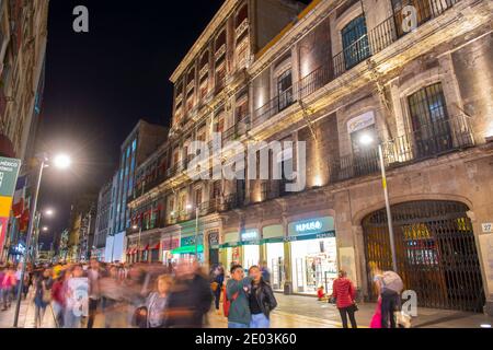 Historic buildings on Avenida Francisco Madero at Calle de Simon Bolivar Street at night, Mexico City CDMX, Mexico. Stock Photo