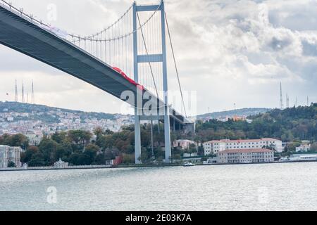 Bosphorus  Bridge with background of Bosphorus strait on a sunny day with background cloudy blue sky and blue sea in Istanbul, Turkey. Blue Turkey con Stock Photo