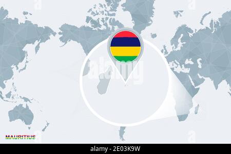 World map centered on America with magnified Mauritius. Blue flag and map of Mauritius. Abstract vector illustration. Stock Vector