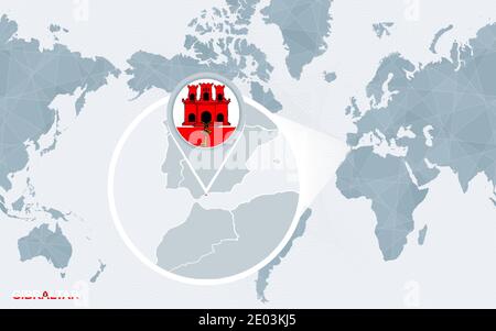 World map centered on America with magnified Gibraltar. Blue flag and map of Gibraltar. Abstract vector illustration. Stock Vector