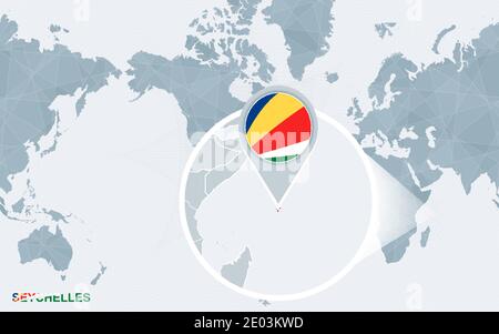 World map centered on America with magnified Seychelles. Blue flag and map of Seychelles. Abstract vector illustration. Stock Vector