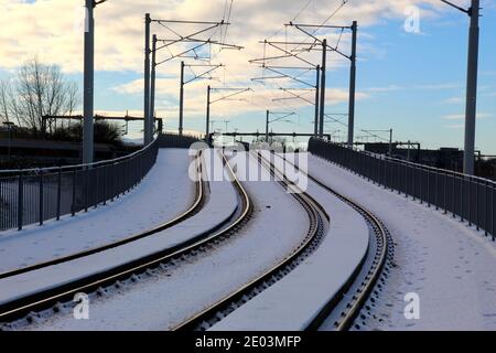 Snow on Tramway Line to Edinburgh Airport Stock Photo