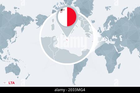 World map centered on America with magnified Malta. Blue flag and map of Malta. Abstract vector illustration. Stock Vector