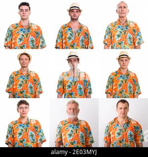 Group of tourist men collage shot against white background Stock Photo