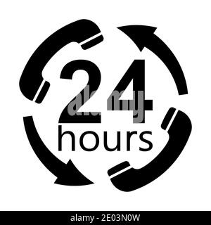 Round the clock service support working, vector black icon handset arrows 24 hours day, round clock support service Stock Vector