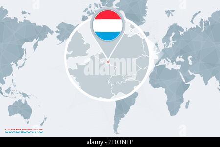 World map centered on America with magnified Luxembourg. Blue flag and map of Luxembourg. Abstract vector illustration. Stock Vector