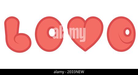 word love with a red cartoon heart vector comic font word love Valentine calligraphy of the senses Stock Vector