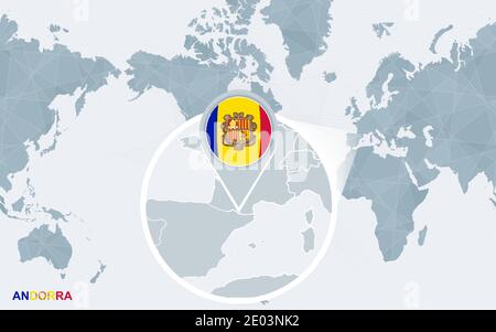 World map centered on America with magnified Andorra. Blue flag and map of Andorra. Abstract vector illustration. Stock Vector