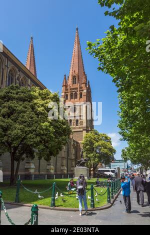 St. Paul’s cathedral, Melbourne, Victoria, Australia.  The Gothic Revival styled Anglican cathedral was designed by English architect William Butterfi Stock Photo