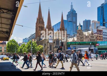 St. Paul’s cathedral, Melbourne, Victoria, Australia.  The Gothic Revival styled Anglican cathedral was designed by English architect William Butterfi Stock Photo