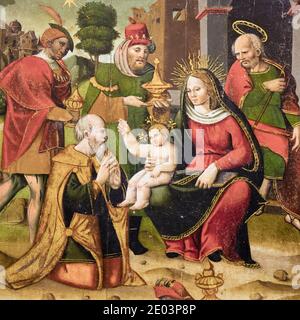 16th century painting of the holy family with the three wise men by an unknown Flemish artist, in the Iglesia de San Esteban, Loarre, Huesca Province, Stock Photo