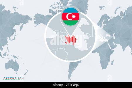 World map centered on America with magnified Azerbaijan. Blue flag and map of Azerbaijan. Abstract vector illustration. Stock Vector