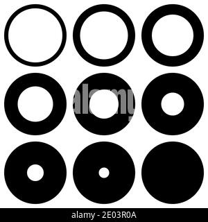 Set round with different thickness perimeter outline, vector circle washer design element circle, round, lap ring Stock Vector