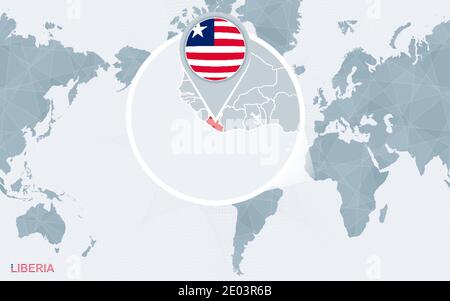 World map centered on America with magnified Liberia. Blue flag and map of Liberia. Abstract vector illustration. Stock Vector