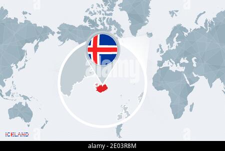 World map centered on America with magnified Iceland. Blue flag and map of Iceland. Abstract vector illustration. Stock Vector