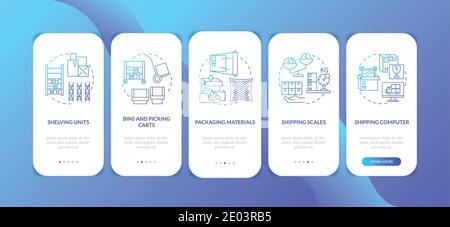 Storehouse management dark blue onboarding mobile app page screen with concepts Stock Vector