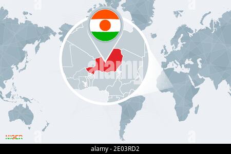 World map centered on America with magnified Niger. Stock Vector
