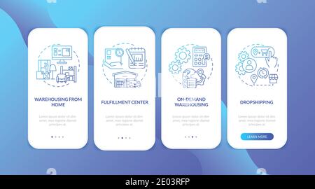Warehouse customer services dark blue onboarding mobile app page screen with concepts Stock Vector