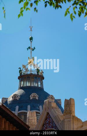 Valencia, Spain. October 11, 2020: Dome of the historic central market of the city, with lightning rod carved on top Stock Photo