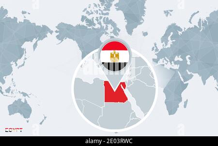 World map centered on America with magnified Egypt. Blue flag and map of Egypt. Abstract vector illustration. Stock Vector