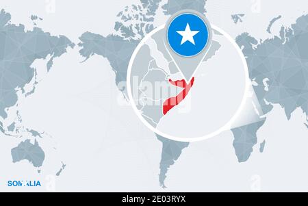 World map centered on America with magnified Somalia. Blue flag and map of Somalia. Abstract vector illustration. Stock Vector