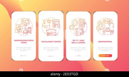Warehouse customer services red onboarding mobile app page screen with concepts Stock Vector
