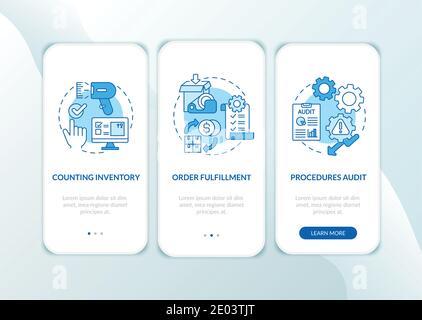 Warehouse procedures blue onboarding mobile app page screen with concepts Stock Vector