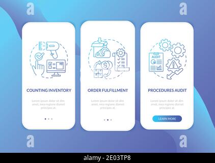 Warehouse procedures dark blue onboarding mobile app page screen with concepts Stock Vector