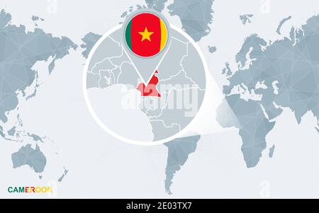 World map centered on America with magnified Cameroon. Blue flag and map of Cameroon. Abstract vector illustration. Stock Vector