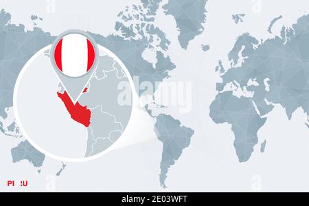 World map centered on America with magnified Peru. Blue flag and map of Peru. Abstract vector illustration. Stock Vector