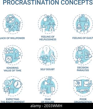 Procrastination concept icons set Stock Vector