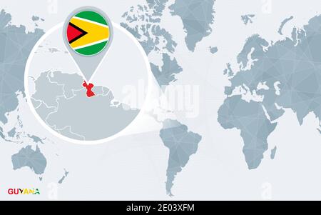 World map centered on America with magnified Guyana. Blue flag and map of Guyana. Abstract vector illustration. Stock Vector