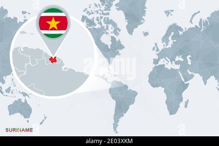 World map centered on America with magnified Suriname. Blue flag and map of Suriname. Abstract vector illustration. Stock Vector
