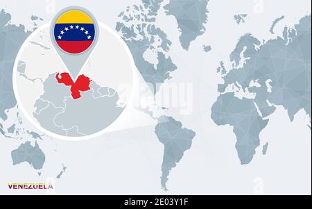 World map centered on America with magnified Venezuela. Blue flag and map of Venezuela. Abstract vector illustration. Stock Vector